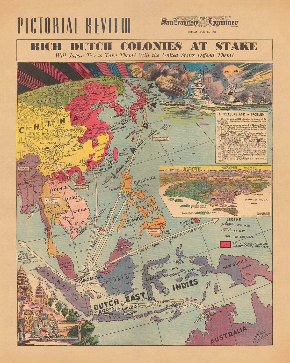 Ancienne carte picturale du Japon contre les colonies néerlandaises des Indes orientales pendant la Seconde Guerre mondiale, 1940 