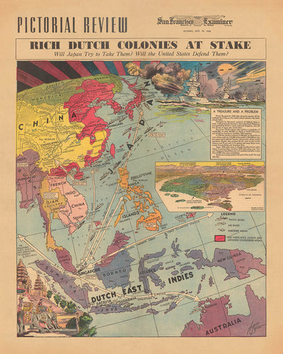 Ancienne carte picturale du Japon contre les colonies néerlandaises des Indes orientales pendant la Seconde Guerre mondiale, 1940 