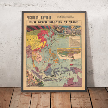 Vecchia mappa pittorica del Giappone vs. Colonie delle Indie Orientali Olandesi durante la Seconda Guerra Mondiale, 1940 