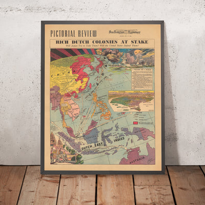 Ancienne carte picturale du Japon contre les colonies néerlandaises des Indes orientales pendant la Seconde Guerre mondiale, 1940 