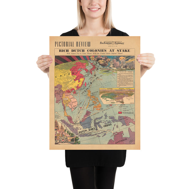 Ancienne carte picturale du Japon contre les colonies néerlandaises des Indes orientales pendant la Seconde Guerre mondiale, 1940 