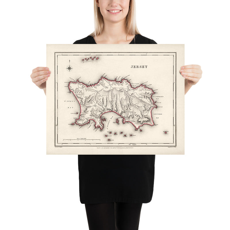 Alte Karte von Jersey von Samuel Lewis, 1844: St. Helier, St. Brelade, St. Clement, St. John, St. Lawrence 