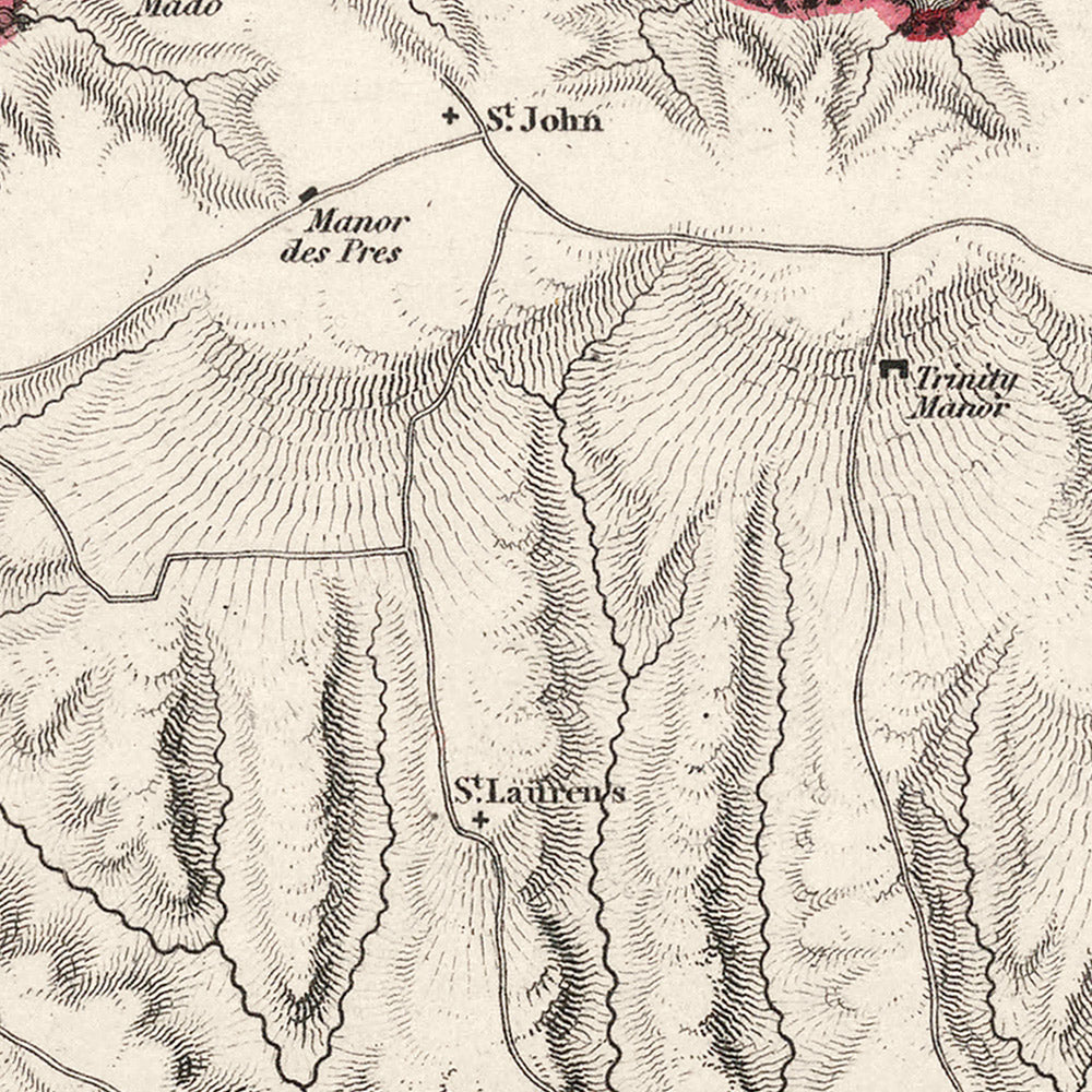 Alte Karte von Jersey von Samuel Lewis, 1844: St. Helier, St. Brelade, St. Clement, St. John, St. Lawrence 