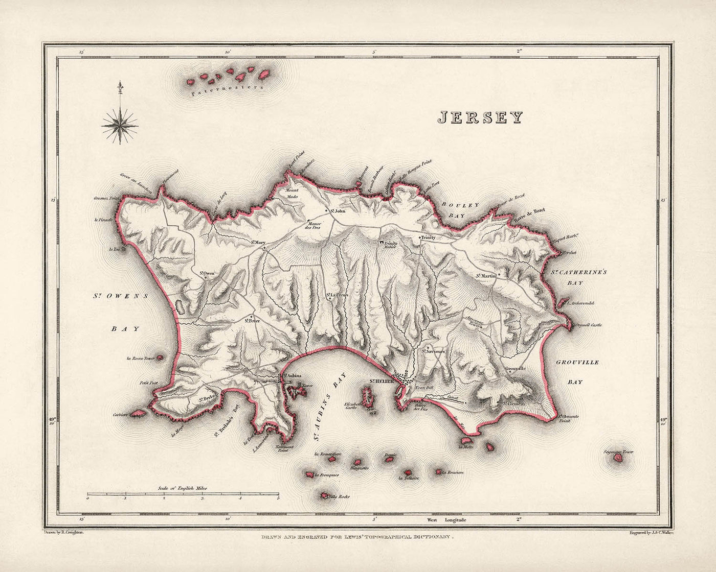 Alte Karte von Jersey von Samuel Lewis, 1844: St. Helier, St. Brelade, St. Clement, St. John, St. Lawrence 