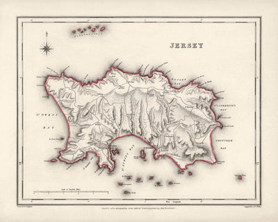 Alte Karte von Jersey von Samuel Lewis, 1844: St. Helier, St. Brelade, St. Clement, St. John, St. Lawrence 