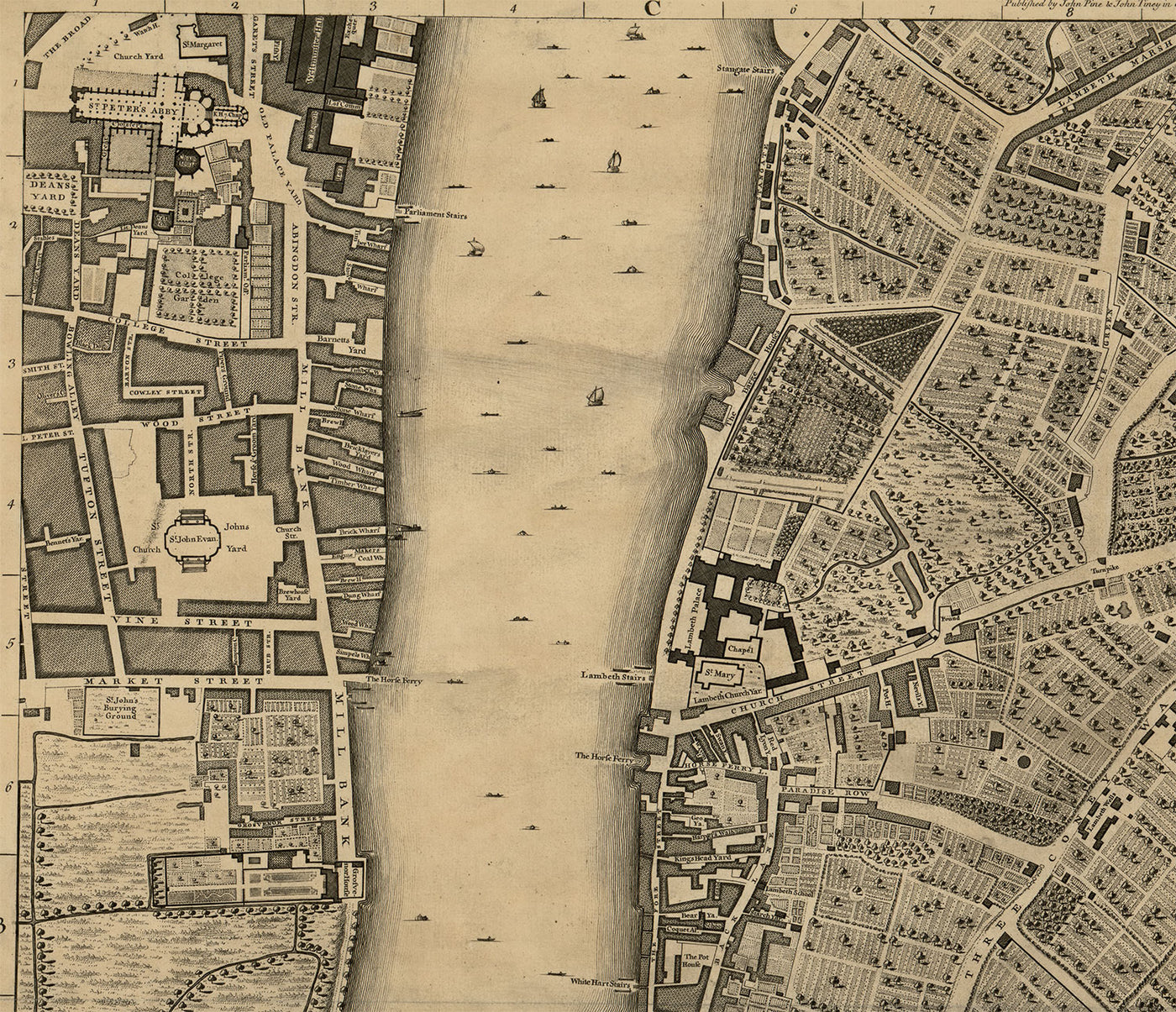 Vollständige große Karte von London im Jahr 1746 von John Rocque 