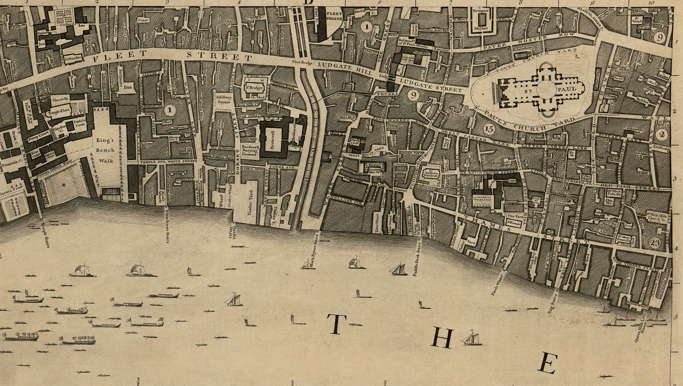 Vollständige große Karte von London im Jahr 1746 von John Rocque 