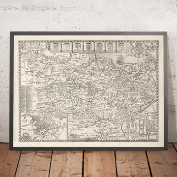 Ancienne carte de Kent, 1611 par John Speed ​​- Canterbury, Maidstone, Bromley, Tunbridge, Margate
