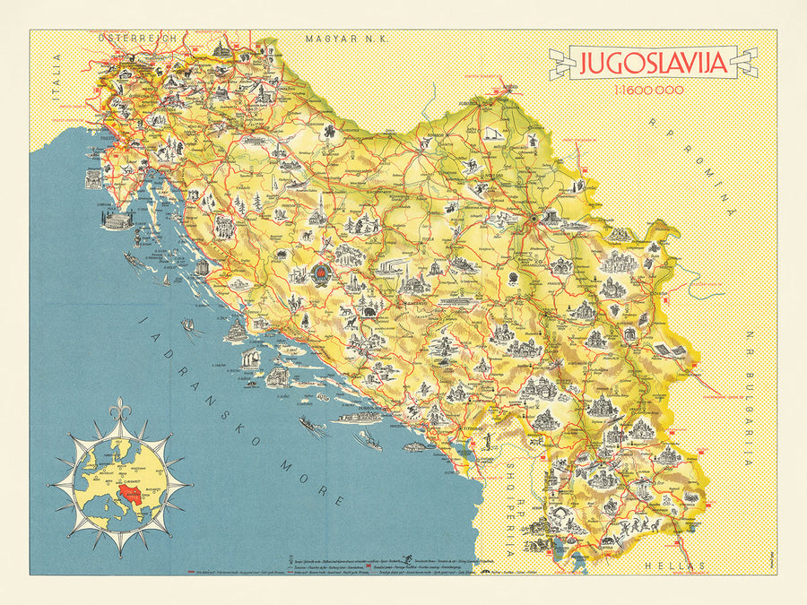 Vecchia mappa pittorica della Jugoslavia di Kopac, 1959: Belgrado, Zagabria, Mare Adriatico, Castelli, Montagne 