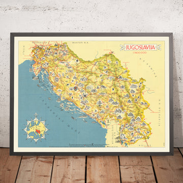 Alte bildliche Karte von Jugoslawien von Kopac, 1959: Belgrad, Zagreb, Adriatisches Meer, Burgen, Berge 