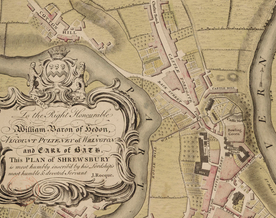 Antica mappa di Shrewsbury nel 1746 di John Rocque - Fiume Severn, Frankwell, Welsh Bridge, Stone Bridge, Bowling Green 