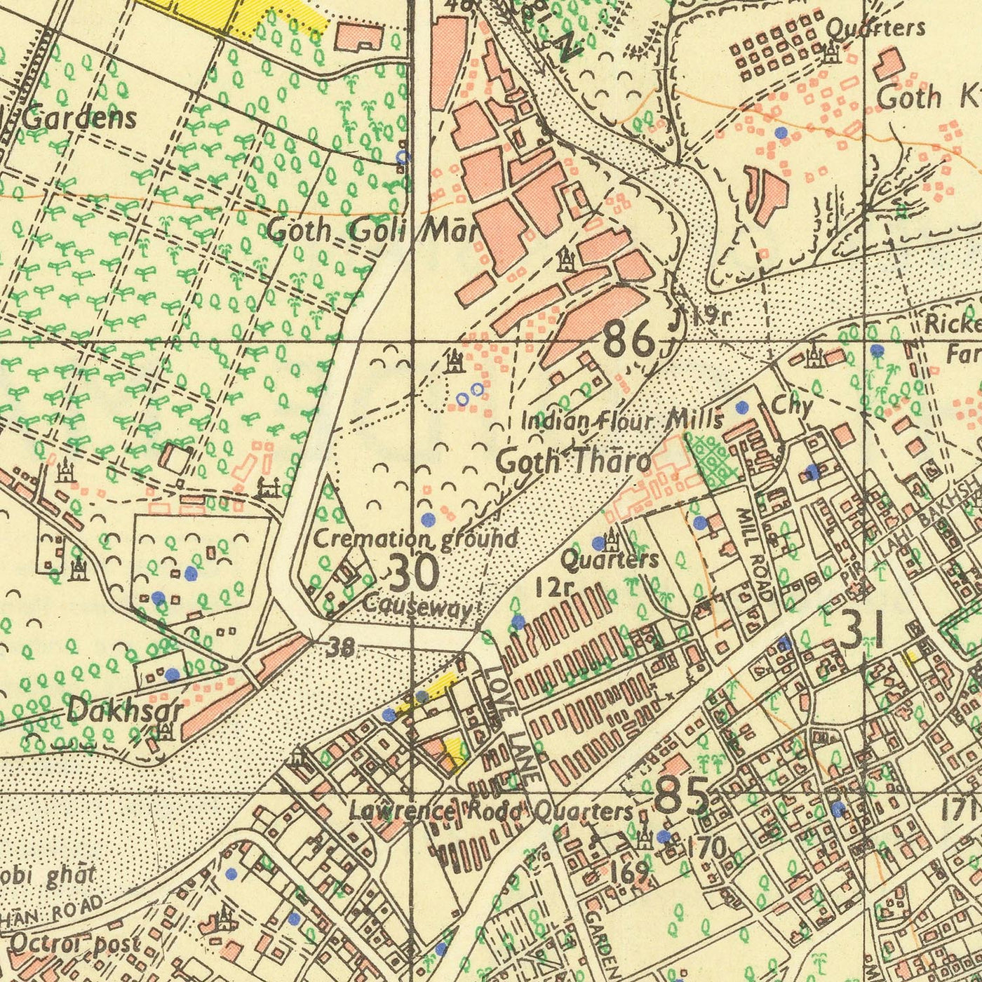 Mapa antiguo de guía de Karachi, 1929: Saddar, Clifton, Lyari, puerto de Karachi, mar Arábigo 