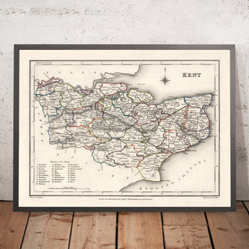 Antica mappa del Kent di Samuel Lewis, 1844: Maidstone, Gillingham, Ashford, Royal Tunbridge Wells e Margate 