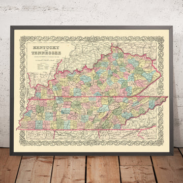 Old map of Kentucky & Tennessee by J. H. Colton, 1855: Louisville, Lexington, Frankfort, Covington, and Bowling Green