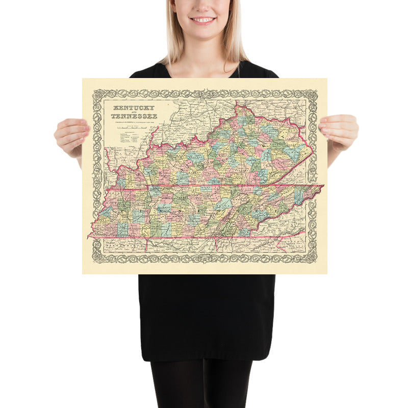 Alte Karte von Kentucky und Tennessee von J. H. Colton, 1855: Louisville, Lexington, Frankfort, Covington und Bowling Green 