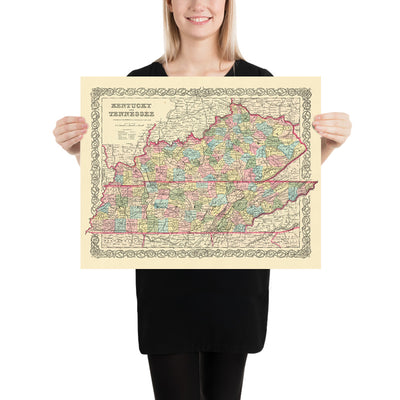 Alte Karte von Kentucky und Tennessee von J. H. Colton, 1855: Louisville, Lexington, Frankfort, Covington und Bowling Green 