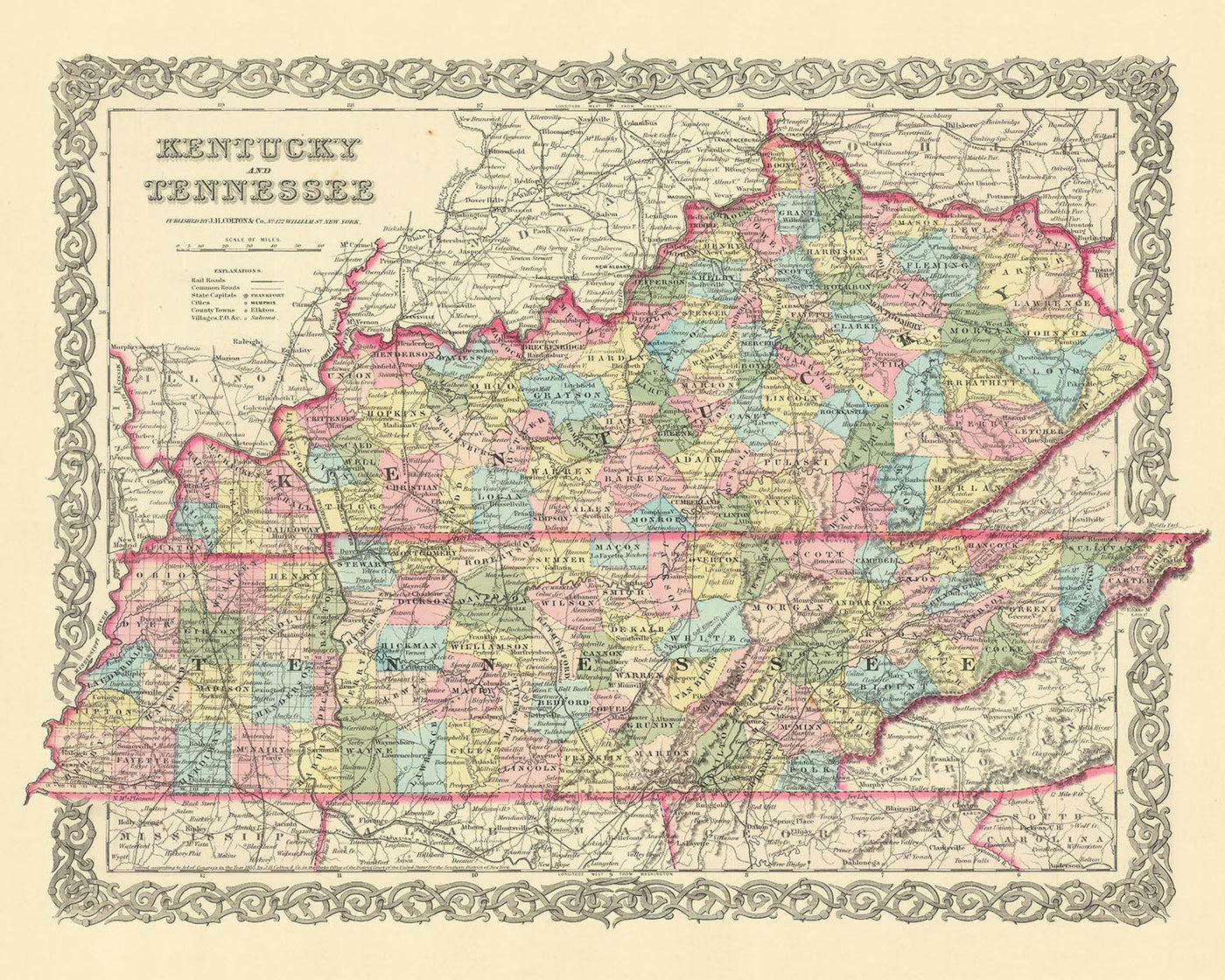 Alte Karte von Kentucky und Tennessee von J. H. Colton, 1855: Louisville, Lexington, Frankfort, Covington und Bowling Green 