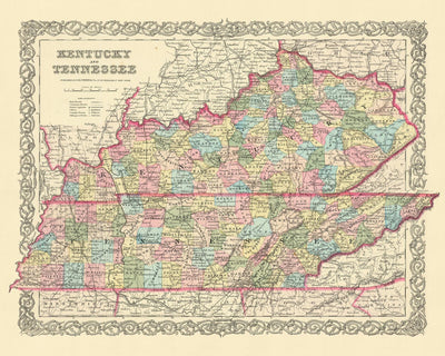 Alte Karte von Kentucky und Tennessee von J. H. Colton, 1855: Louisville, Lexington, Frankfort, Covington und Bowling Green 