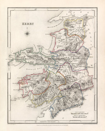 Alte Karte des County Kerry von Samuel Lewis, 1844: Tralee, Killarney, Dingle, Kenmare und Listowel 