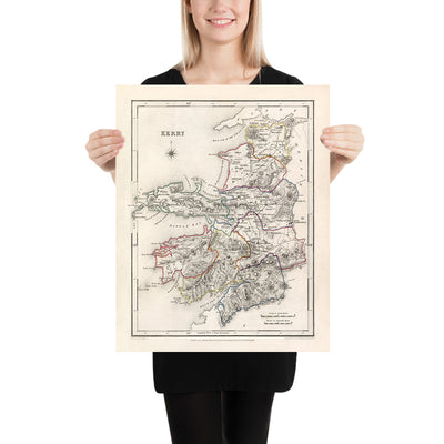 Alte Karte des County Kerry von Samuel Lewis, 1844: Tralee, Killarney, Dingle, Kenmare und Listowel 
