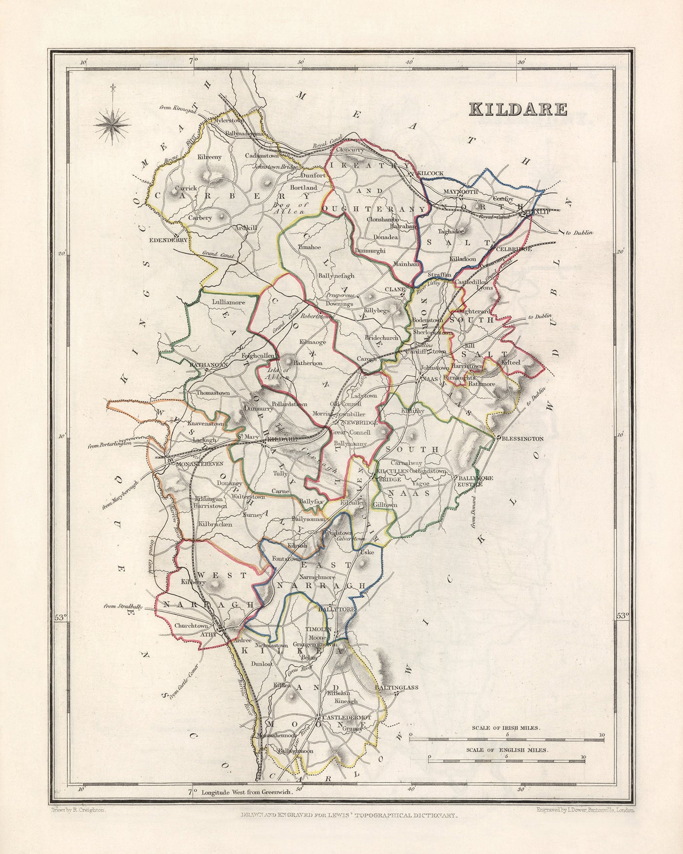 Mapa antiguo del condado de Kildare por Samuel Lewis, 1844: Naas, Athy, Maynooth, Newbridge, Curragh