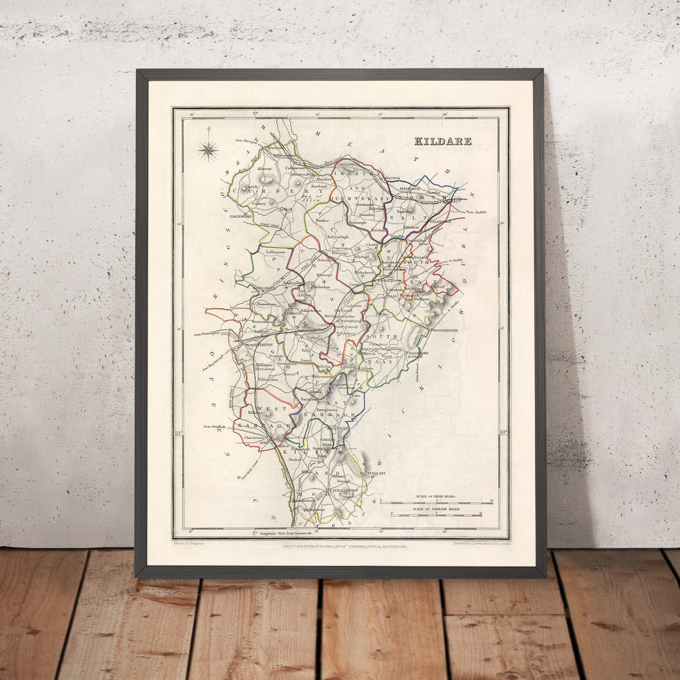 Mapa antiguo del condado de Kildare por Samuel Lewis, 1844: Naas, Athy, Maynooth, Newbridge, Curragh