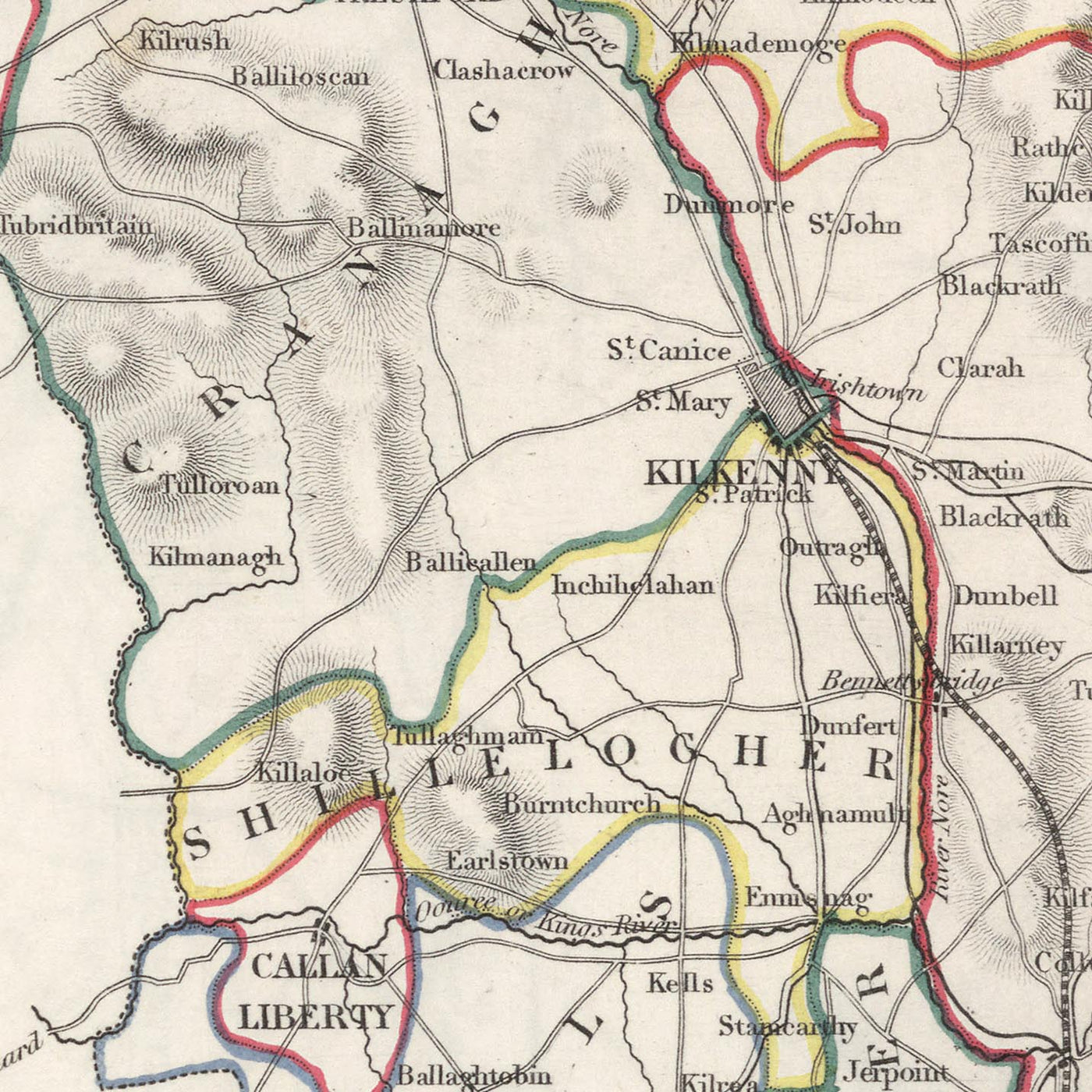 Mapa antiguo del condado de Kilkenny por Samuel Lewis, 1844: Thomastown, Callan, Castlecomer, Graiguenamanagh, Jerpoint Abbey