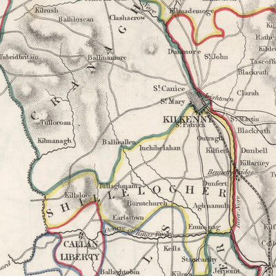 Mapa antiguo del condado de Kilkenny por Samuel Lewis, 1844: Thomastown, Callan, Castlecomer, Graiguenamanagh, Jerpoint Abbey