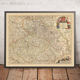 Ancienne carte du royaume de Bohême par Visscher, 1690 : Prague, Brno, Ostrava, Wroclaw, Poznań