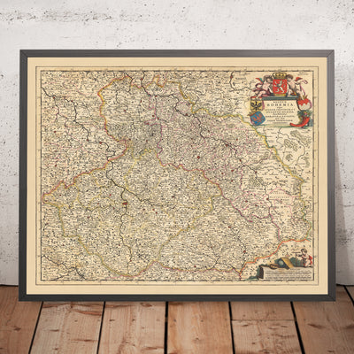 Old Map of Kingdom of Bohemia by Visscher, 1690: Prague, Brno, Ostrava, Wroclaw, Poznań