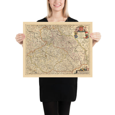 Old Map of Kingdom of Bohemia by Visscher, 1690: Prague, Brno, Ostrava, Wroclaw, Poznań