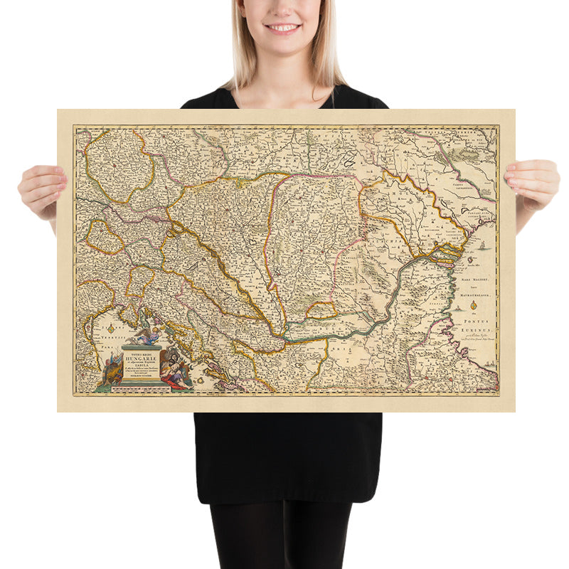 Mapa antiguo del Reino de Hungría por Visscher, 1690: Budapest, Viena, Zagreb, Bucarest, Bratislava