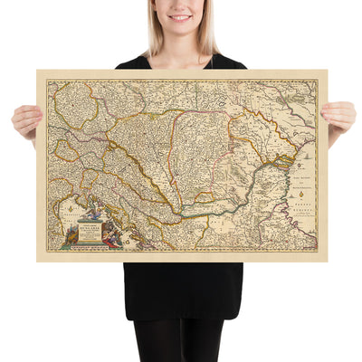 Mapa antiguo del Reino de Hungría por Visscher, 1690: Budapest, Viena, Zagreb, Bucarest, Bratislava