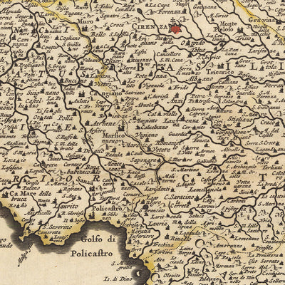 Antigua mapa del Reino de Nápoles, Italia por Visscher, 1690: Nápoles, Bari, Messina, Salerno, Parque Nacional del Gargano 
