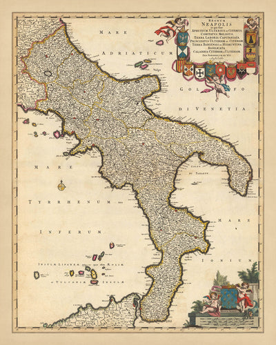 Antigua mapa del Reino de Nápoles, Italia por Visscher, 1690: Nápoles, Bari, Messina, Salerno, Parque Nacional del Gargano 