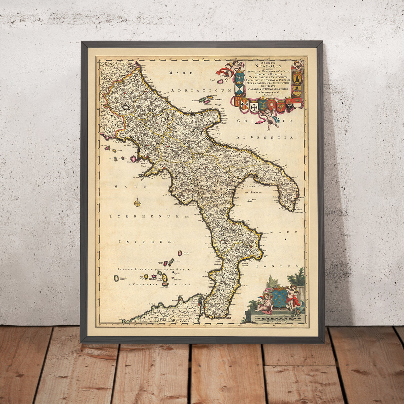 Antigua mapa del Reino de Nápoles, Italia por Visscher, 1690: Nápoles, Bari, Messina, Salerno, Parque Nacional del Gargano 