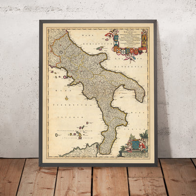 Antigua mapa del Reino de Nápoles, Italia por Visscher, 1690: Nápoles, Bari, Messina, Salerno, Parque Nacional del Gargano 