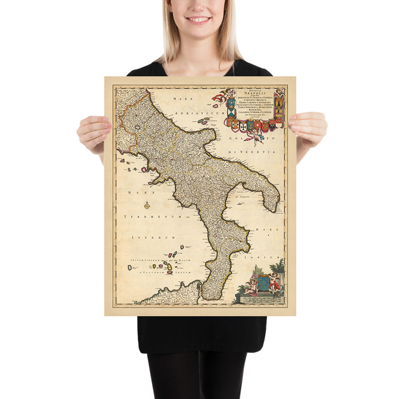 Antigua mapa del Reino de Nápoles, Italia por Visscher, 1690: Nápoles, Bari, Messina, Salerno, Parque Nacional del Gargano 
