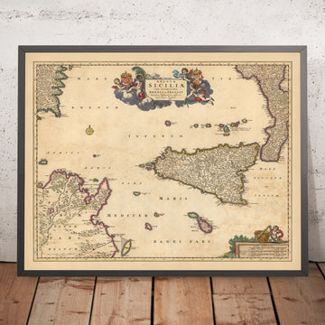 Old Map of the Kingdom of Sicily by Visscher, 1690: Palermo, Catania, Tunis, Malta, Parco dell&