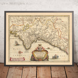 Ancienne carte du Royaume de Valence, Espagne par Visscher, 1690 : Murcie, Valence, Alicante, Dénia, Castellón de la Plana