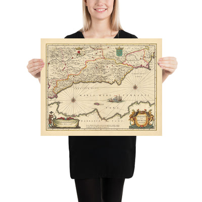 Old Map of the Kingdoms of Granada & Murcia, Spain by Visscher, 1690: Málaga, Gibraltar, Seville, Murcia, Tangier