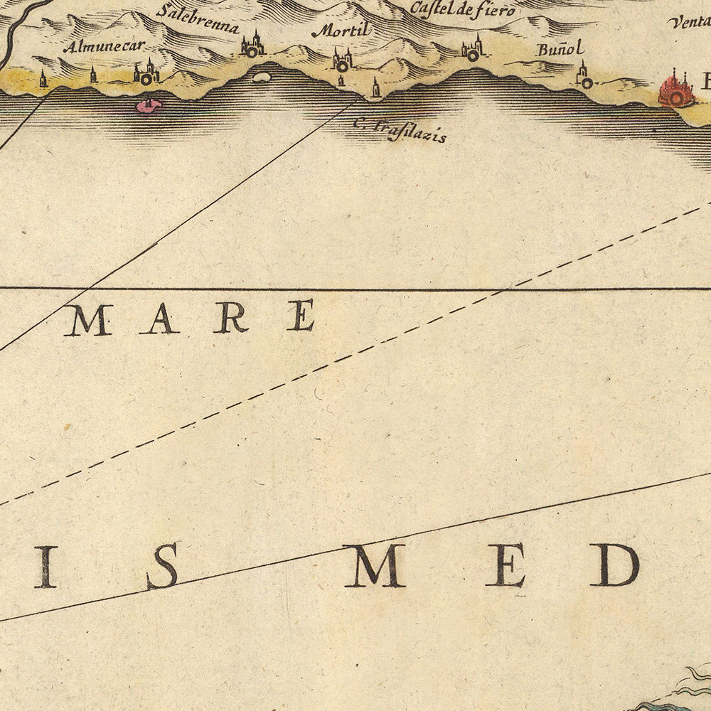 Old Map of the Kingdoms of Granada & Murcia, Spain by Visscher, 1690: Málaga, Gibraltar, Seville, Murcia, Tangier