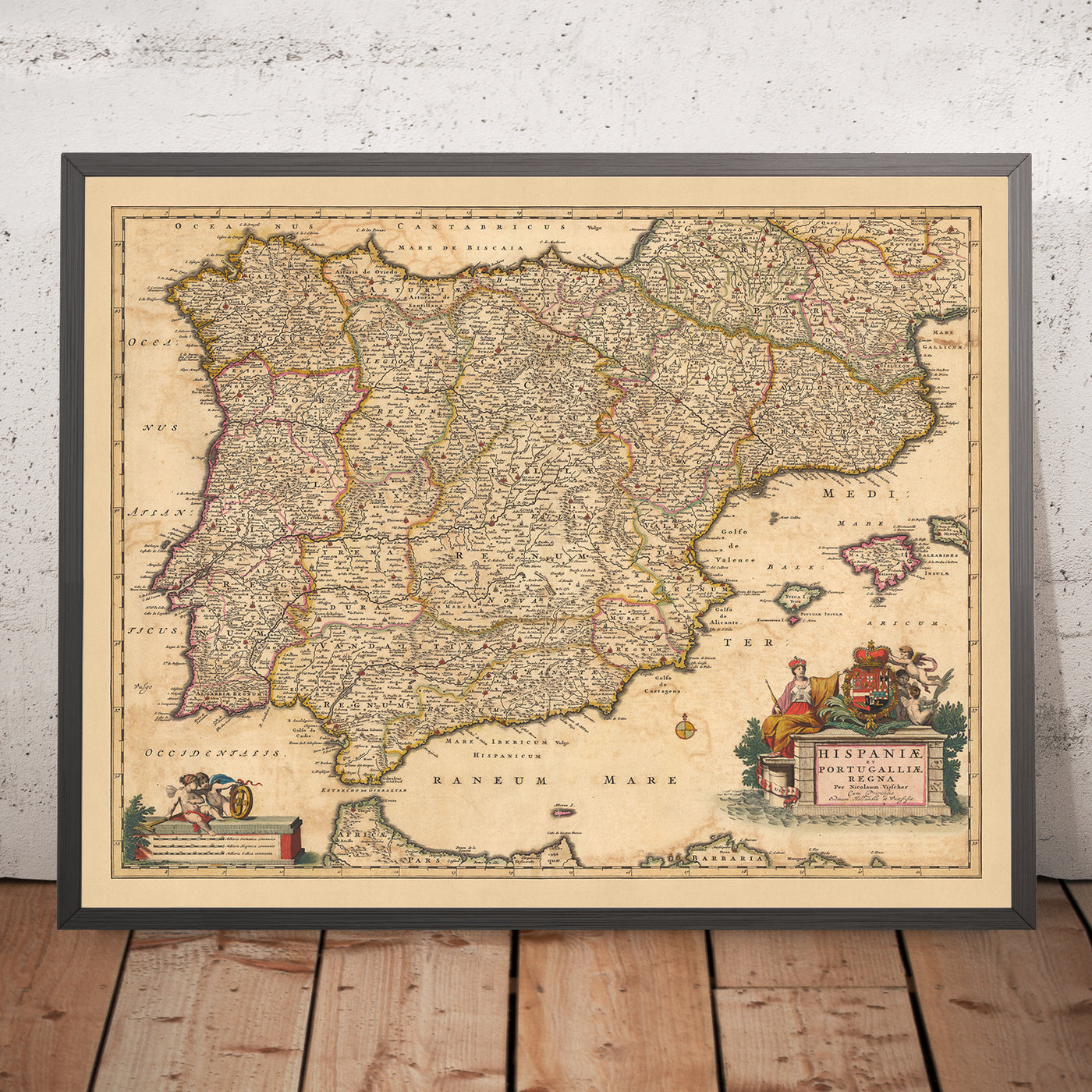 Old Map of the Kingdoms of Spain & Portugal by Visscher, 1690: Madrid, Lisbon, Barcelona, Gibraltar, Porto