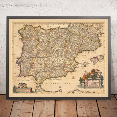 Old Map of the Kingdoms of Spain & Portugal by Visscher, 1690: Madrid, Lisbon, Barcelona, Gibraltar, Porto