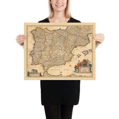 Old Map of the Kingdoms of Spain & Portugal by Visscher, 1690: Madrid, Lisbon, Barcelona, Gibraltar, Porto