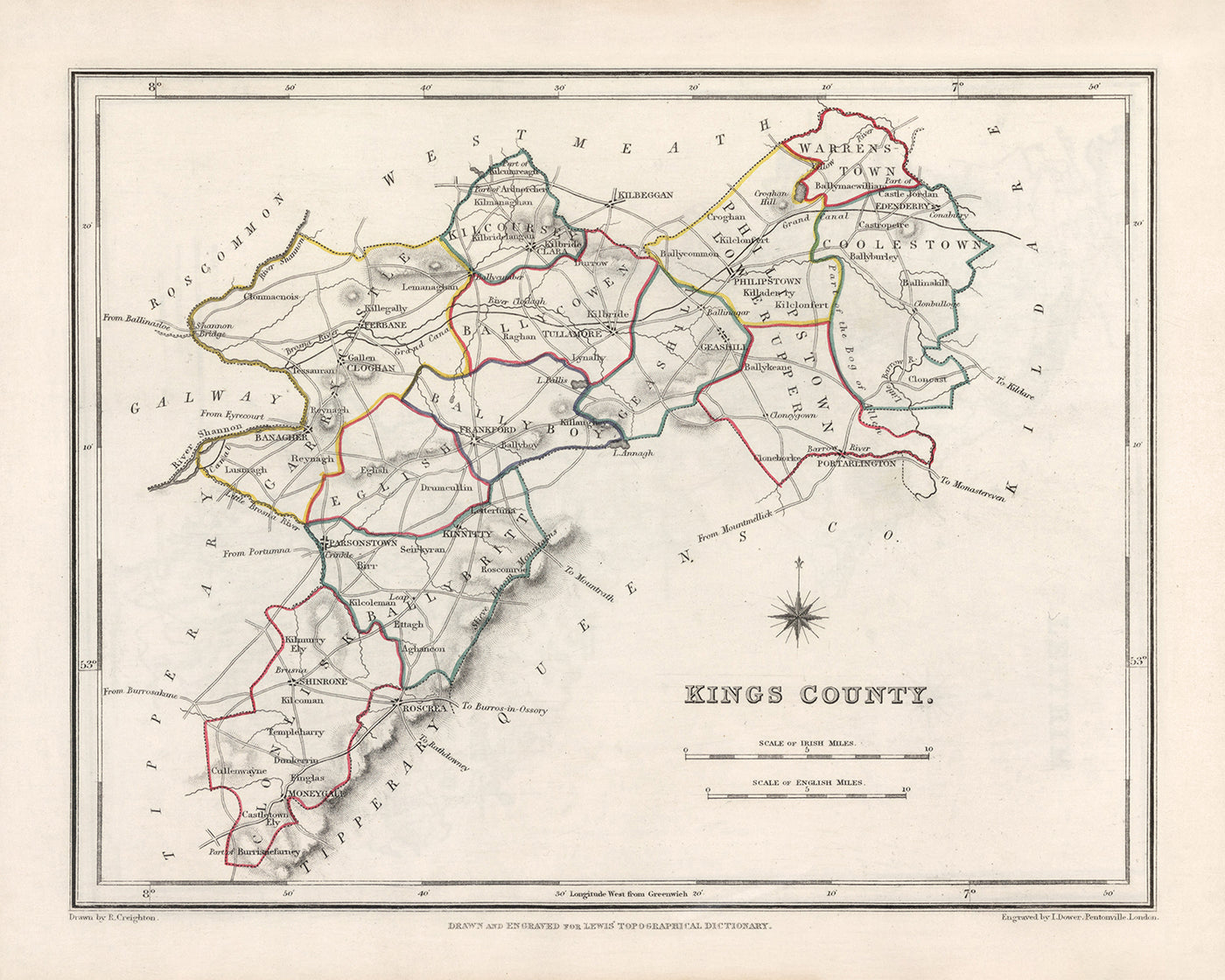 Old Map of County Offaly (King's) by Samuel Lewis, 1844: Tullamore, Birr, Banagher, Clara, Edenderry