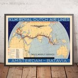 Alter KLM-Plan von Amsterdam nach Batavia (Jakarta), 1934: Fluggesellschaftsrouten, zweimal wöchentlicher Service 
