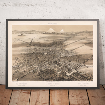 Old Birdseye Map of Mexico City by Decaen, 1862: Cathedral, Tacuba, Parks, Mountains, Plaza Mayor