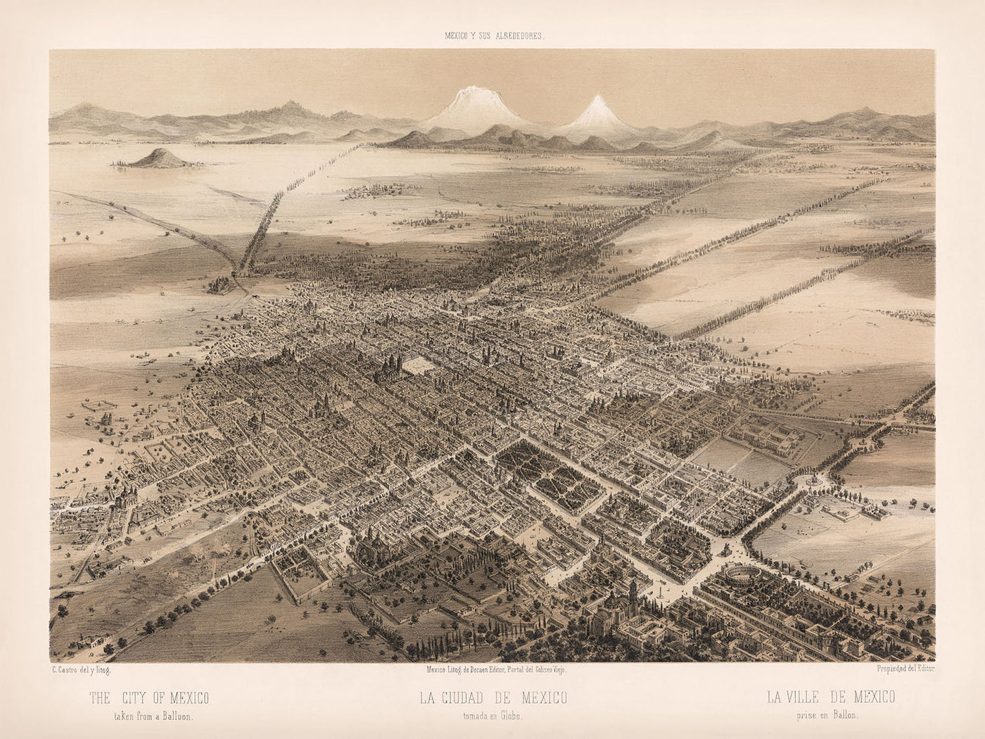 Old Birdseye Map of Mexico City by Decaen, 1862: Cathedral, Tacuba, Parks, Mountains, Plaza Mayor