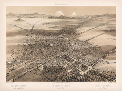 Old Birdseye Map of Mexico City by Decaen, 1862: Cathedral, Tacuba, Parks, Mountains, Plaza Mayor